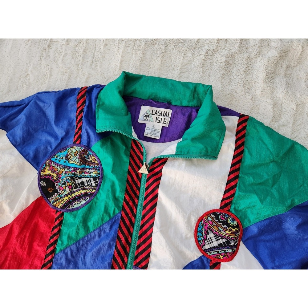 Vintage 80s Casual Isle Full Zip‎ Windbreaker Jacket Womens Large Multicolored